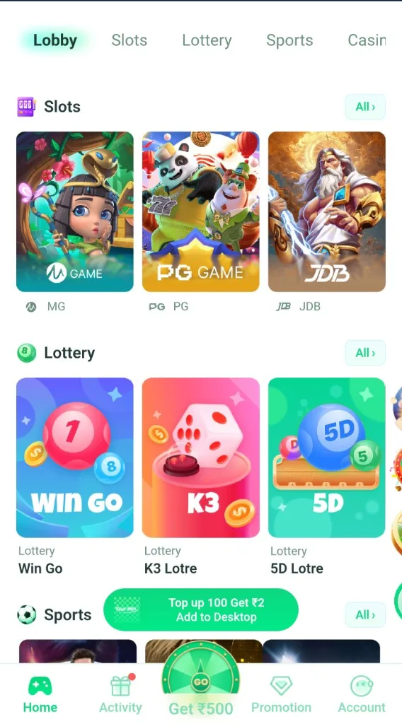 YaarWin lobby lottery cards including Win Go colour game K3 and 5D