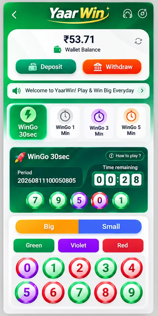WinGo YaarWin game colour prediction 30 second round educational screen