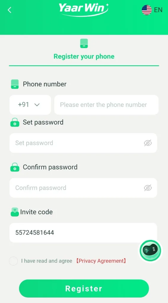 YaarWin register your phone screen educational example