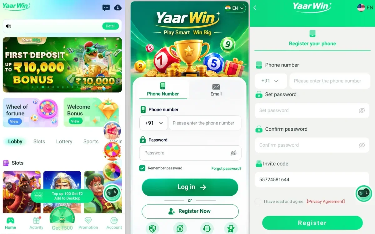 YaarWin App screens showing home lobby, login and register for educational overview