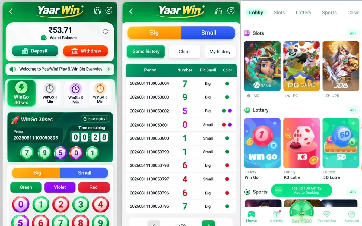 YaarWin Game screens showing WinGo colour game and color prediction layout for educational overview